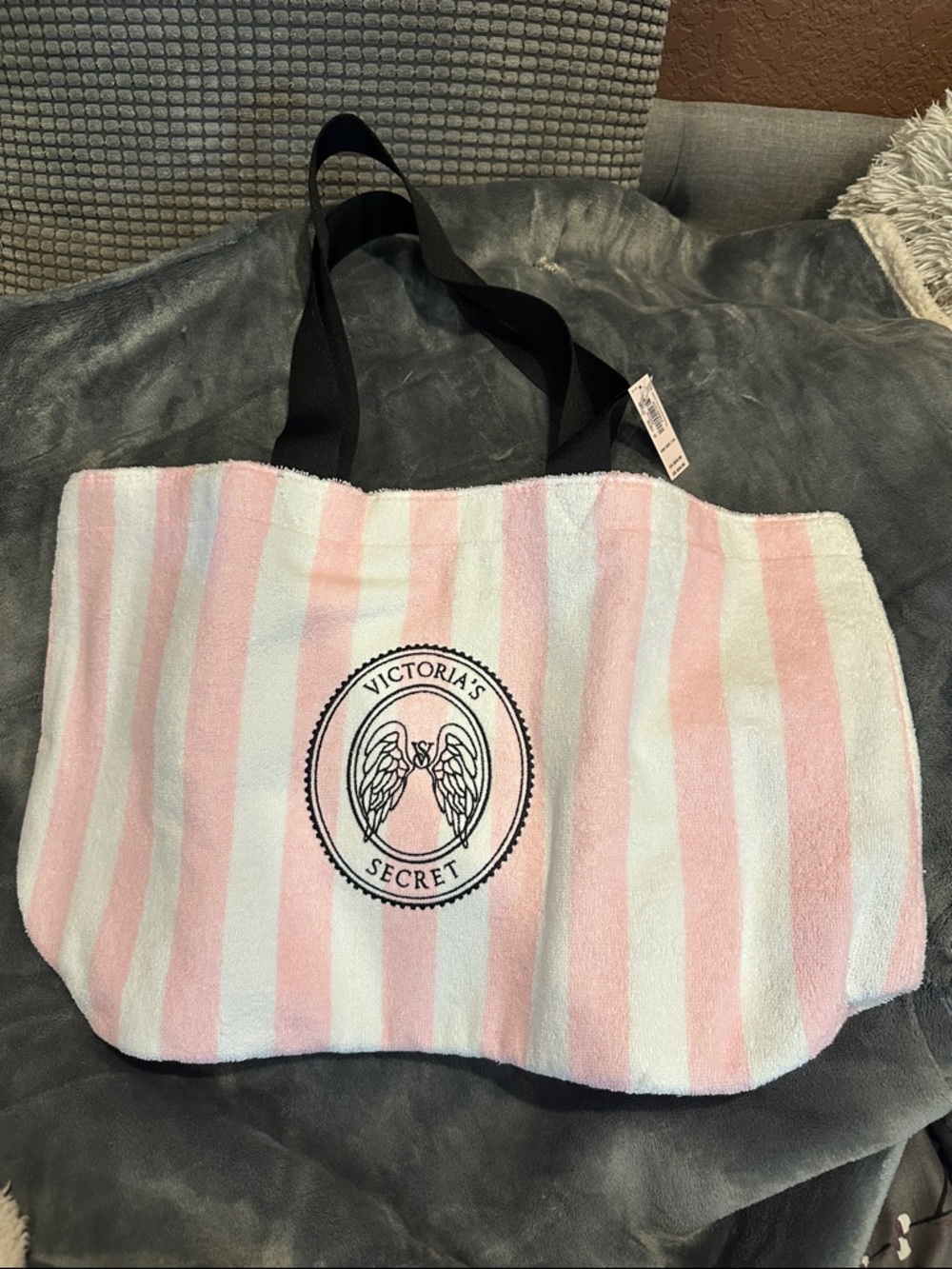 Victoria's Secret Pink & White Striped Terrycloth Tote with Black Handles